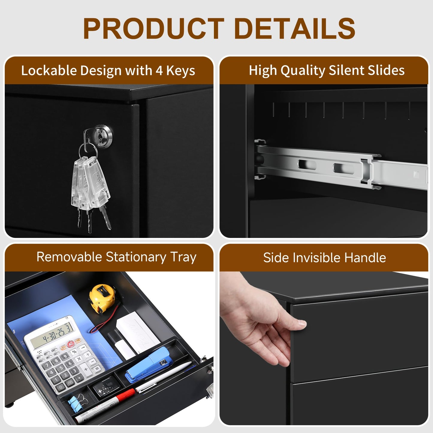 HOMSTEEL Mobile File Ccabinet, Filing Cabinet with 1 Lock, 4 Keys, 3 Drawers, Metal Cabinet, Pre-assembled, for Office, Home Office, Black