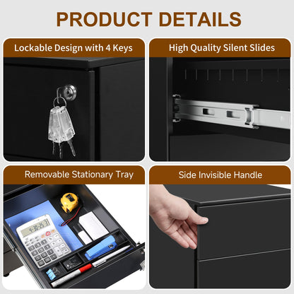 HOMSTEEL Mobile File Ccabinet, Filing Cabinet with 1 Lock, 4 Keys, 3 Drawers, Metal Cabinet, Pre-assembled, for Office, Home Office, Black