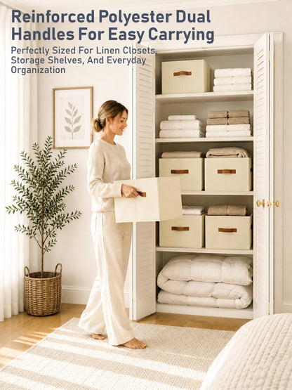 6 Pack Collapsible Fabric Storage Boxes for Wardrobe Shelves, 14"x10",Beige