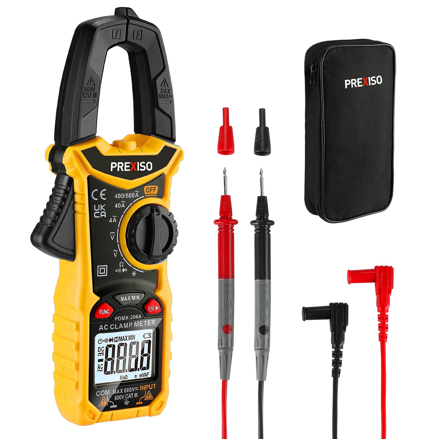 PREXISO Digital Clamp Meter, 600A AC Current, 600V AC/DC Voltage Digital Multimeter, Test for Capacitance, Continuity, Resistance and Frequency,