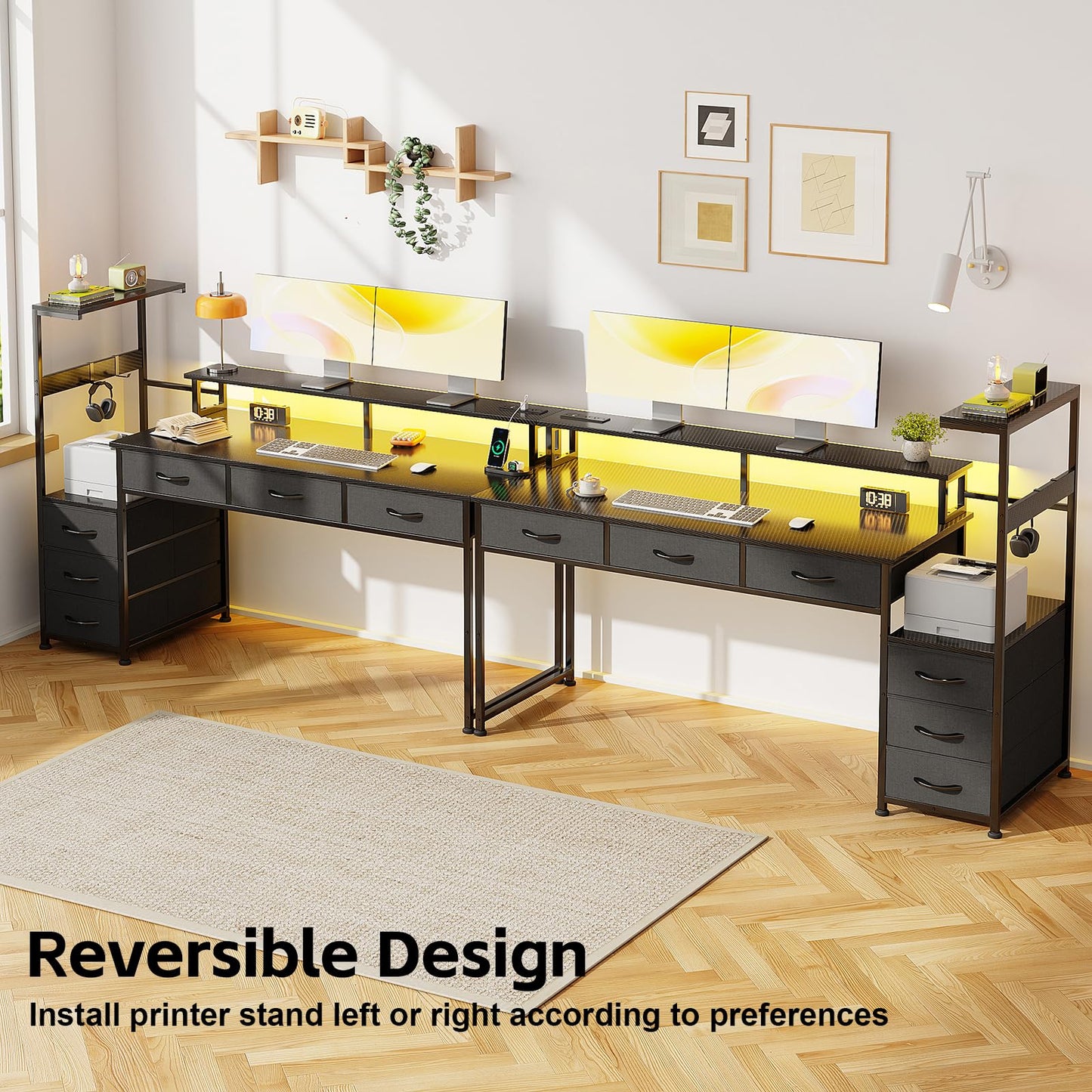 WEMANER 151cm Computer Desk with 6 Fabric Drawers, Reversible Home Office Desk with Printer Cabinet, Writing Desk with Monitor Stand & Power Outlets