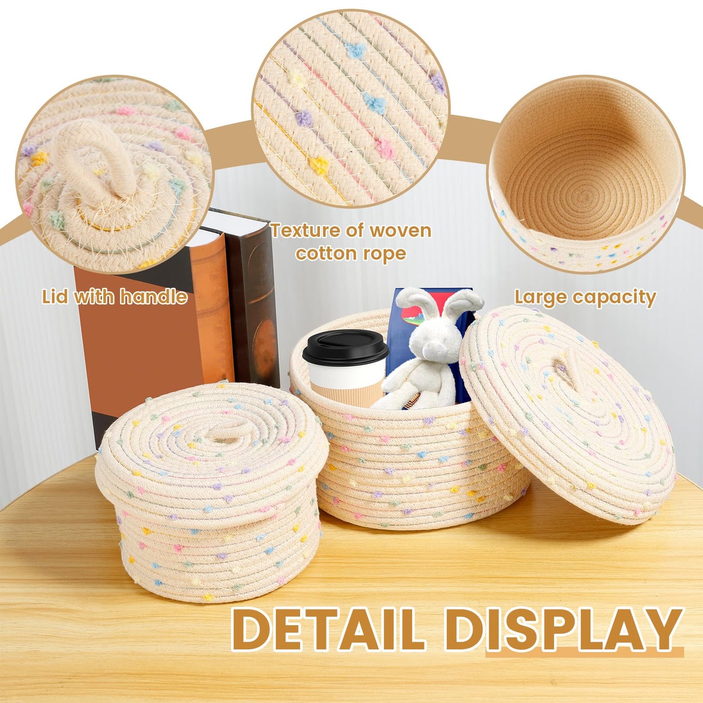 2Pcs Cotton Rope Storage Basket, 18.5cm 23cm Round Woven Shelf Storage Bin with Lid and Carrying Handle