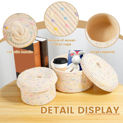 2Pcs Cotton Rope Storage Basket, 18.5cm 23cm Round Woven Shelf Storage Bin with Lid and Carrying Handle