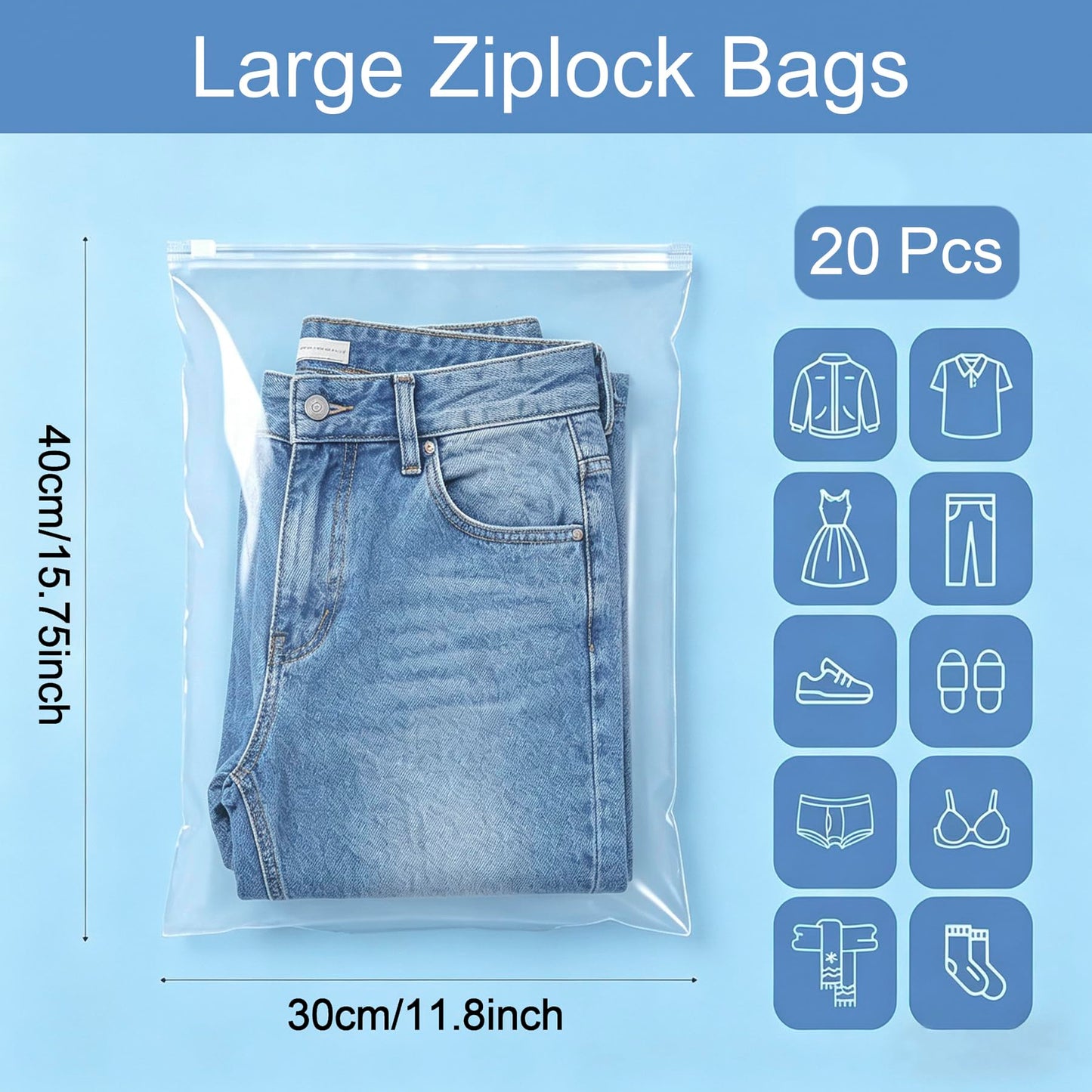 QISF 20 Pcs Large ZipLock Bags for Clothes, 40x30cm Plastic Travel Bags, Reusable Waterproof Hospital Bag Organiser Pouches for Clothes Shoes
