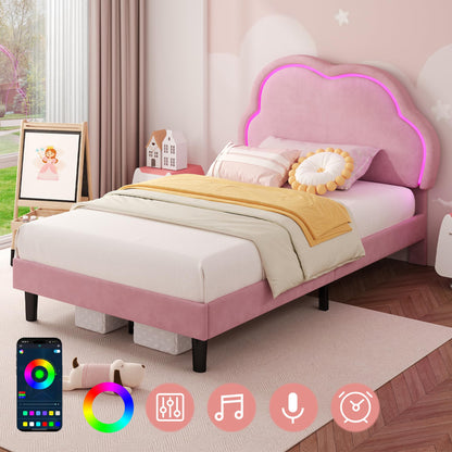 Ball & Cast 3ft Single Upholstered Bed with LED Adjustable Cute Cloud Headboard, Soft Velvet Bed Frame with Solid Wood Slat, No Box Spring Needed