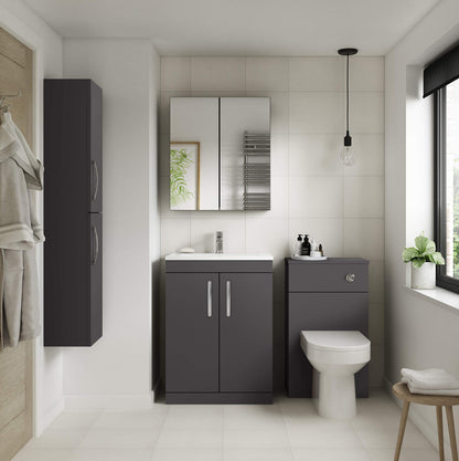 nuie ATH075G Athena Modern Bathroom Floor Standing 2 Soft Close Doors Vanity Unit with Curved Ceramic Basin with 30mm Profile, 600mm, Gloss Grey