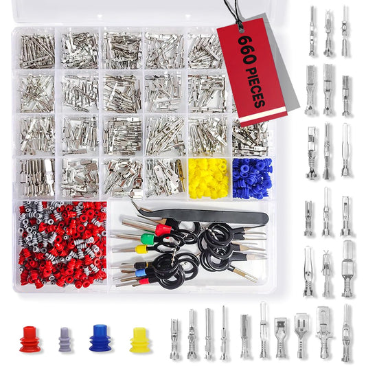 25Types Electrical Connectors, 660Pcs Car Electrical Wire Connector Pins,1/1.5/1.8/2.2/2.8/3.5/4.8/6.3mm Terminal Pin Kit, Non-Insulated Plug Removal