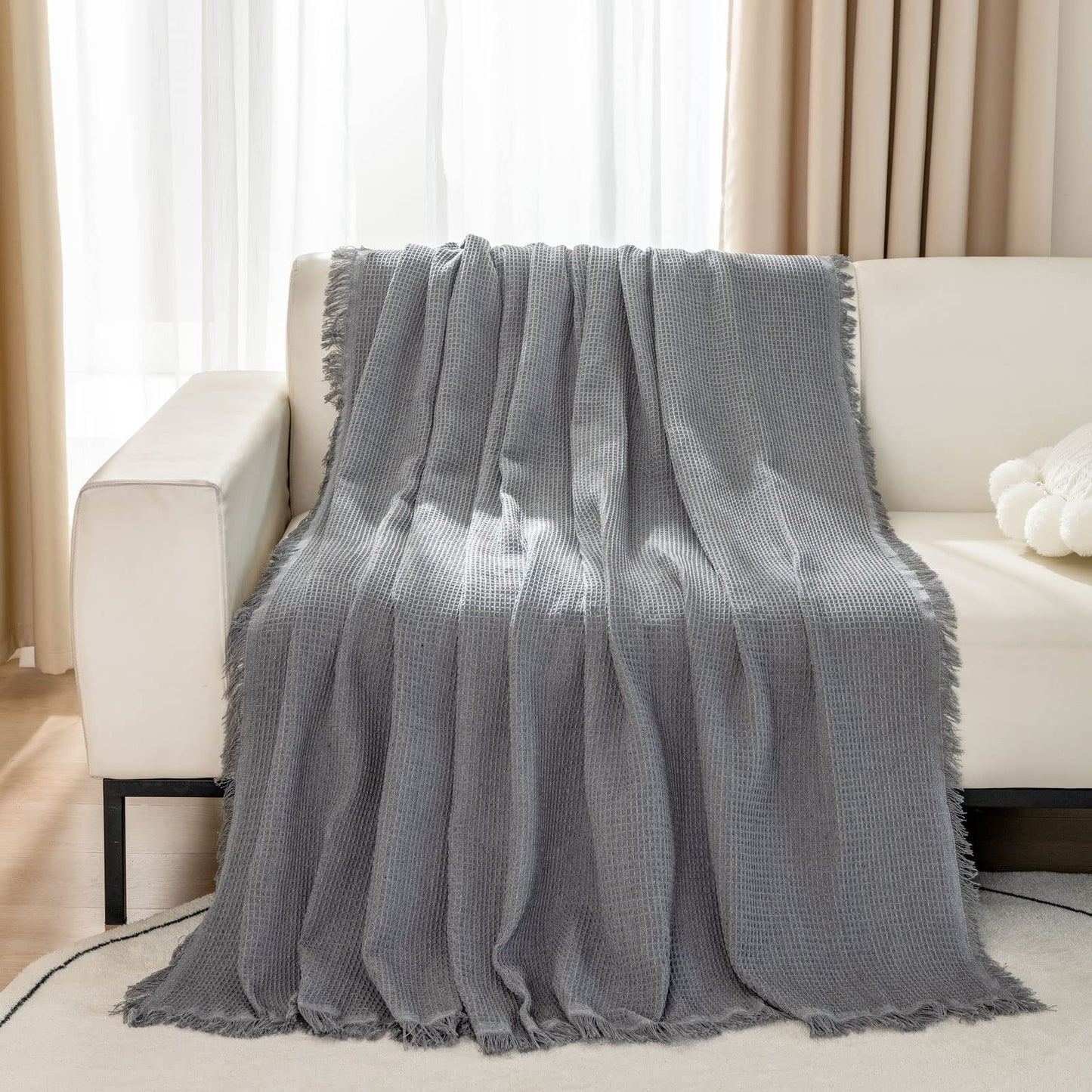 LHGOGO Woven Waffle Sofa Throw Large 3 Seater with Tassels - Reversible 180x300cm Throws for Sofas, Settees, Couch, and Armchair - Grey, 70.87 x