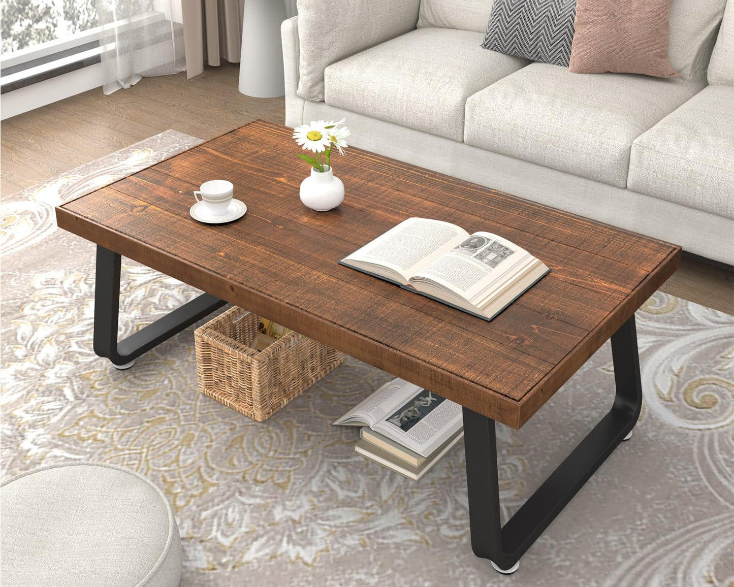 IBF Rustic Brown Wood Coffee Table, Real Wood Living Room Table, 120CM