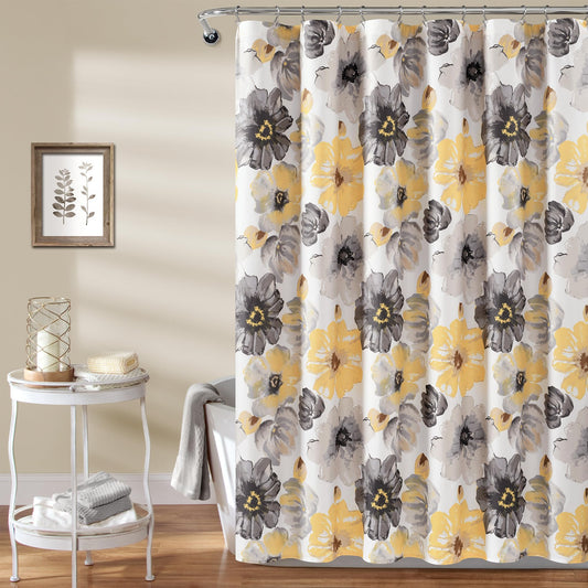 Lush Decor Leah Floral Shower Curtain, 72" W x 72" L, Yellow & Gray - Pretty Yellow Shower Curtain - Spring Decor - Colorful Blooming Flowers -