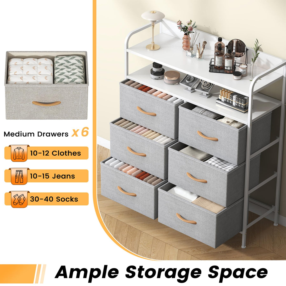 Feonase 6 Drawer Fabric Chest Of Drawers, Double Wooden Top Fabric Storage Tower - Sturdy Steel Frame Dresser for Bedroom/Living Room/Baby Room