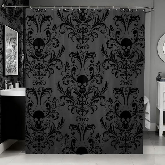 Erosebridal Black Damask Fabric Shower Curtain Antique Victorian Baroque Gothic Shower Curtain Sets Vintage Floral Exotic Sugar Skull Bathroom
