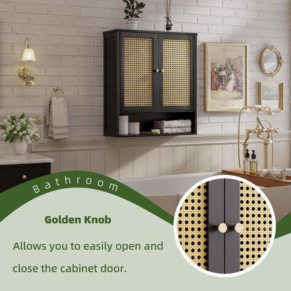vovala Bathroom Wall Cabinet, Bamboo Over-The-Toilet Storage Organizer with 2 Rattan Doors and Adjustable Shelf
