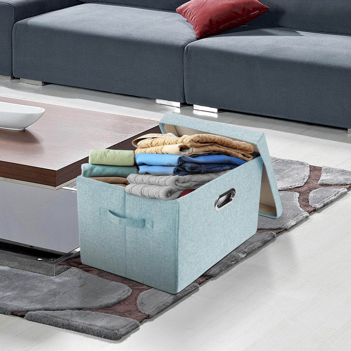 TYEERS Large Storage Box with Lid, Collapsible, Washable, Fabric Storage Box for Clothes, Wardrobe Storage, 44x30x29 cm, Set of 5, Aqua Spring