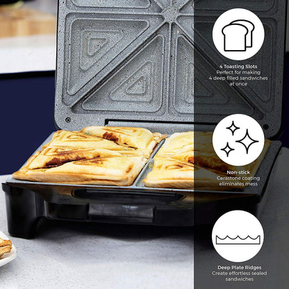 Tower T27021 4 Slice Deep Fill Sandwich Maker with Extra-Deep, Non-Stick Ceramic Coated Plates, Automatic Temperature Control, 1600W, Black