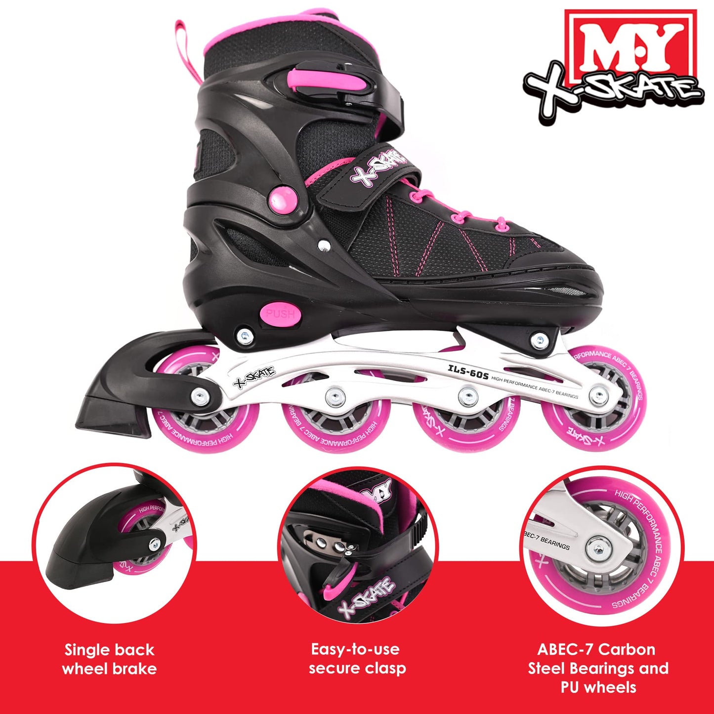 M.Y X-Skate Adjustable Pink Inline Roller Skates with Built In Adjusters Kids Roller Boots for Boys & Girls - Large