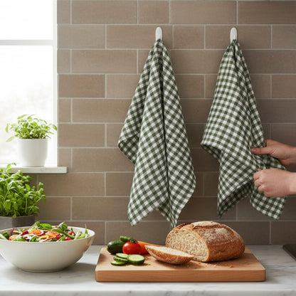 Eight Owls Stonewashed Linen Kitchen Dish Towels – 50 x 68 cm – 100% Pure Linen Tea Towel/Hand Towel - set of 2 (Green Check)