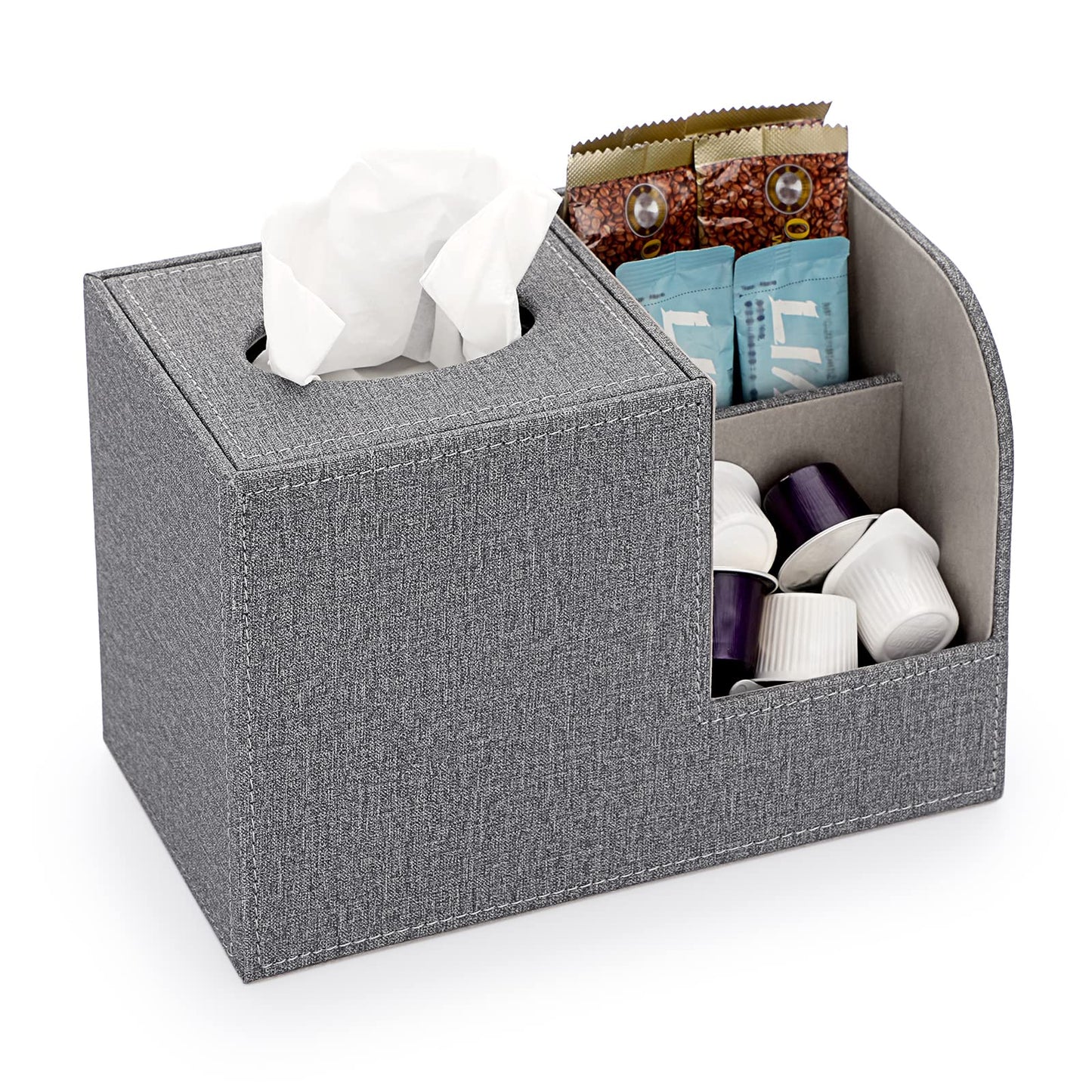 BTSKY Linen Square Tissue Holder Box With Two Side Storage Pockets For Remote Control Vanity Makeup Cosmetics Pen Pencil - Tabletop Cube Tissue Box