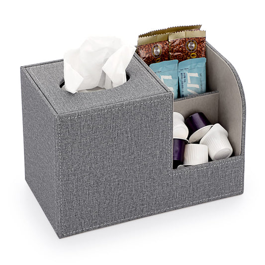 BTSKY Linen Square Tissue Holder Box With Two Side Storage Pockets For Remote Control Vanity Makeup Cosmetics Pen Pencil - Tabletop Cube Tissue Box