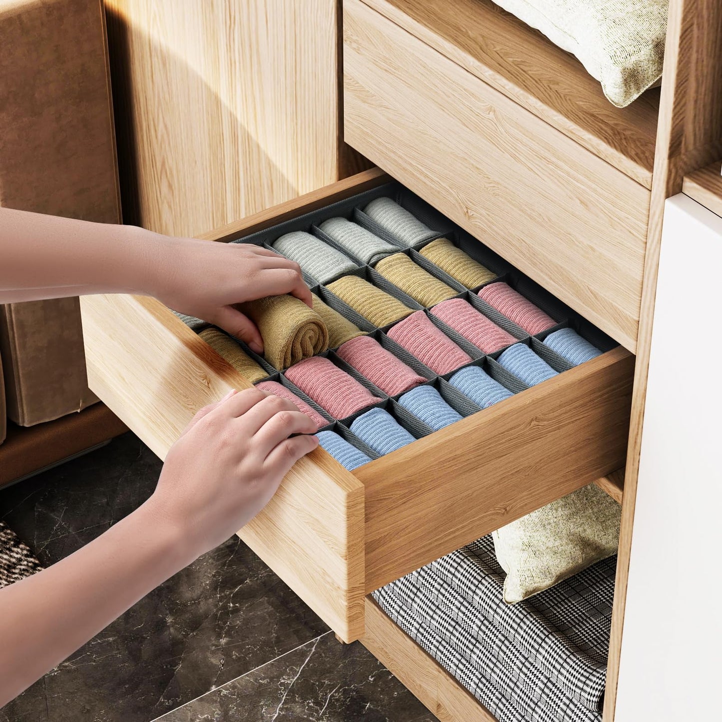 Joyoldelf Drawer Organiser - Set of 4 Foldable Sock Organisers - Wardrobe Storage Organiser with 24 Cells - Drawer Dividers Storage Boxes for Socks