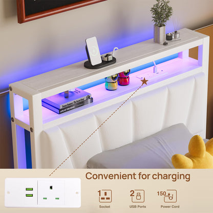 BORPHOM White Single Bed Frames with Storage Upholstered Headboard Shelf,Heavy Duty Metal Single Bed with LED Lights and Charging Station,Strong