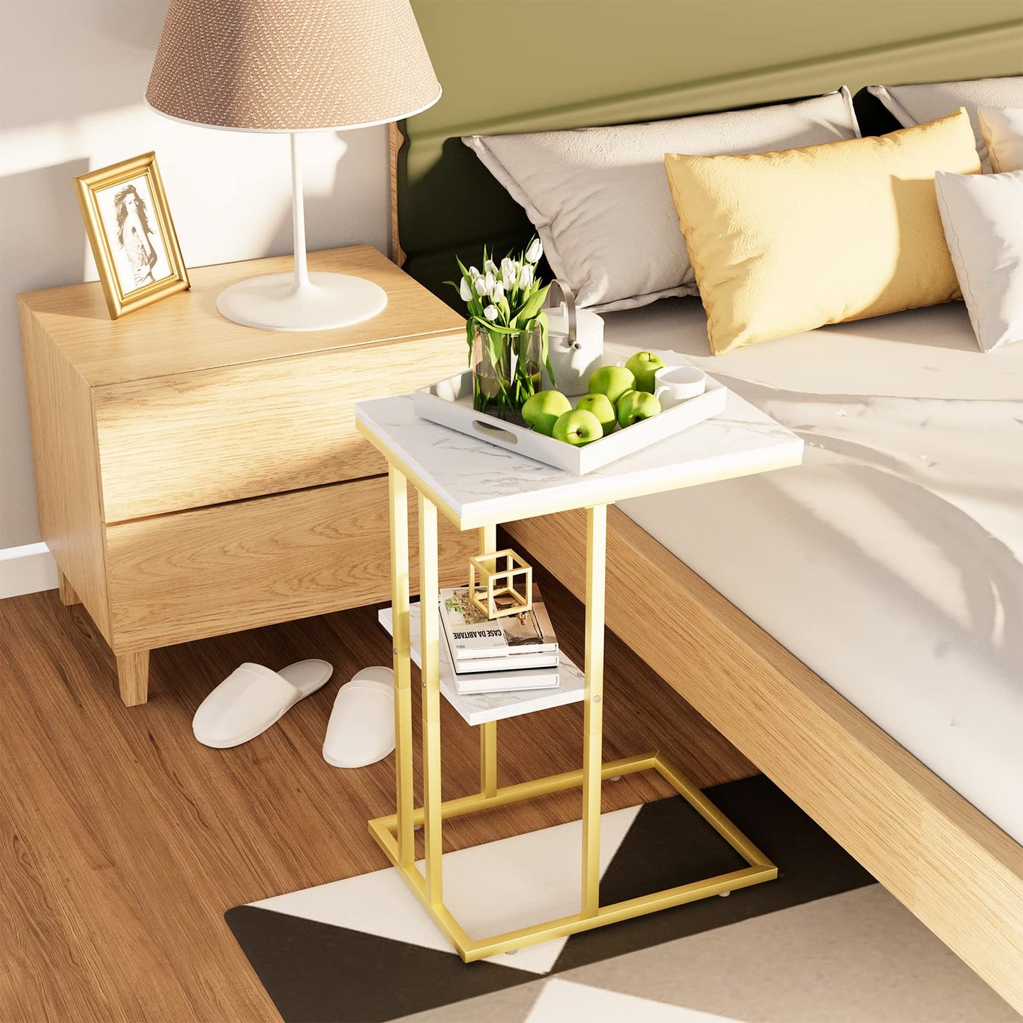 C Shaped End Table, Side Table, Sofa Table, Coffee Table Under Sofa, Small Couch Snack Tables, Bedside Tables with Metal Frame for Living Room