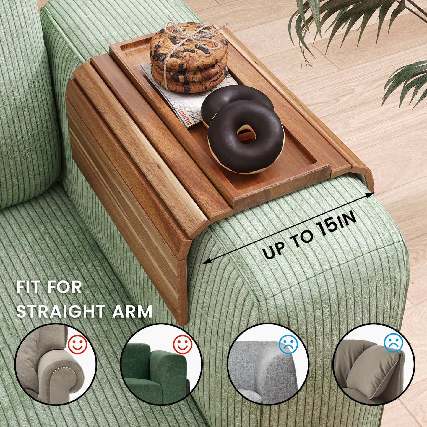Fibogollo 2 Pack Sofa Arm Tray,Acacia Wood Folding Couch Arm Tray,Sofa Armrest Tray with Anti-Slip Pad for Drinks,Snacks,Phone,Remote Control