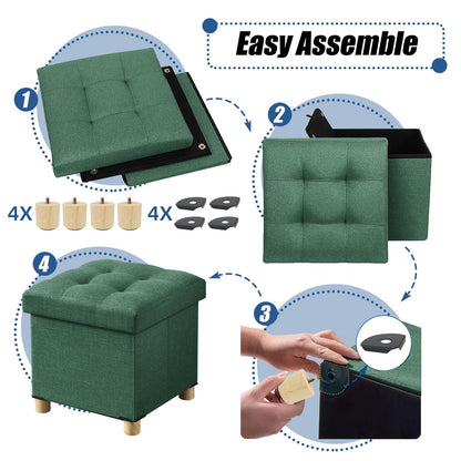 BRIAN & DANY Folding Storage Ottoman with Wood Legs, Linen Foot Stool, Storage Chest with Highly Elastic Sponge Filling, Dark Green, 38 x 38 x 38 cm