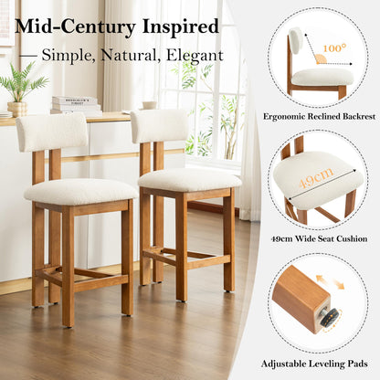 younturn Retro Mid Century Bar Stools Set of 2, Comfort Padded Boucle Upholstered Seats Breakfast Barstools with Backrest