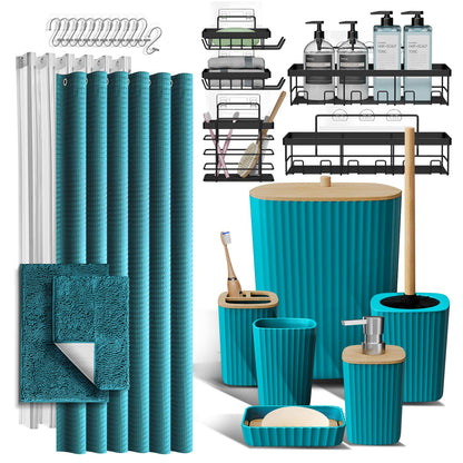 Shower Caddy and Bathroom Accessories Set with Bath Rugs, 27PC Bathroom Accessory Set with Shower Caddies Teal Bath Rugs, Shower Curtain Set