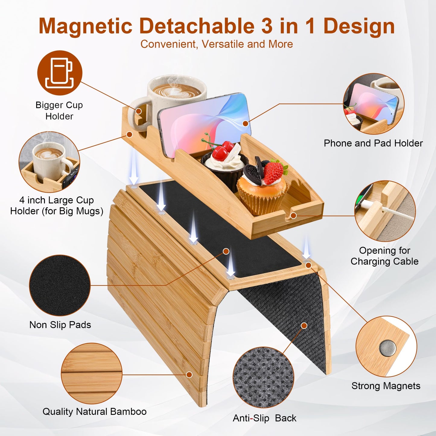 Joy&Grace Couch Cup Holder, 3-in-1 Magnetic Detachable Couch Arm Tray, Bamboo Sofa Armrest Table with Anti-Slip Pad, Sofa Armrest Tray Table (Natural)
