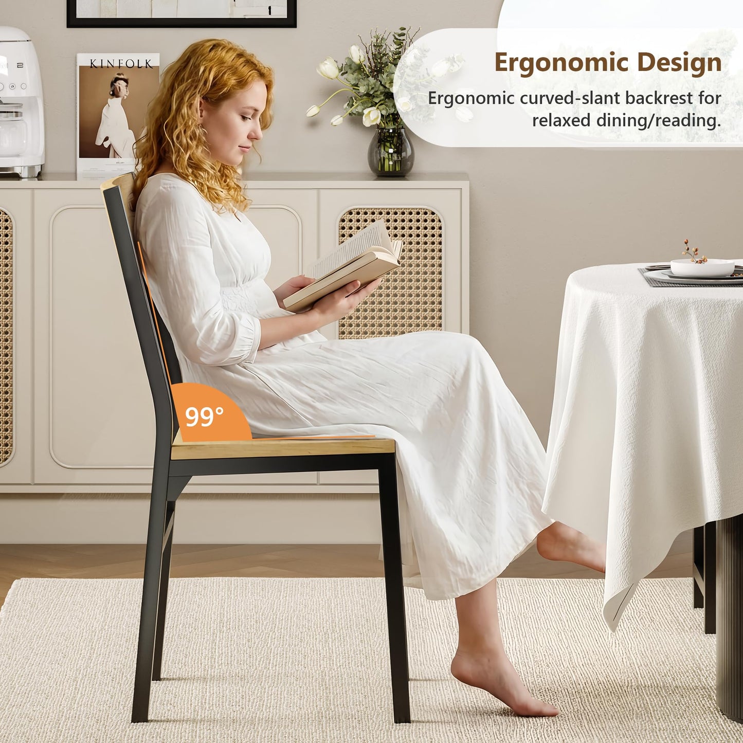Feonase Dining Chairs Set of 4, Dining Room Chairs with 2 Ergonomic Chairs & 2 Benches, MDF Board and Metal Frame, Kitchen Chairs for Home, Apartment