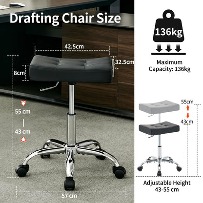 FIRAVOE Office Stool with Wheels (136 kg Capacity) (Adjustable Height 43.5–54.5 cm) Black Faux Leather Workbench Stool