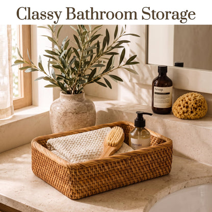 Wicker Storage Basket, Rectangular Rattan Fruit Baskets, Natural Woven Serving Basket and Organizer for Shelf (Set of 3)