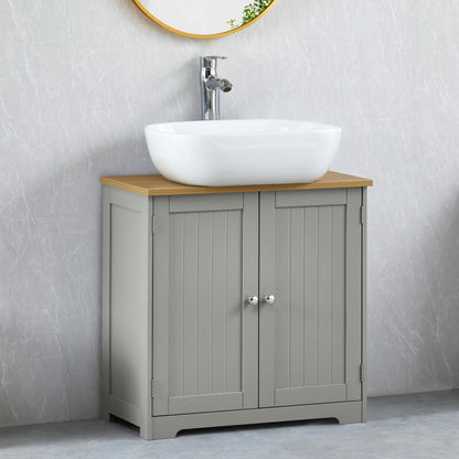 Bath Vida Priano 2 Door Under Sink Cabinet | Grey & Oak | 60 H x 60 W x 30 D cm | Adjustable Shelf Space | Freestanding Storage Basin Unit | Compact