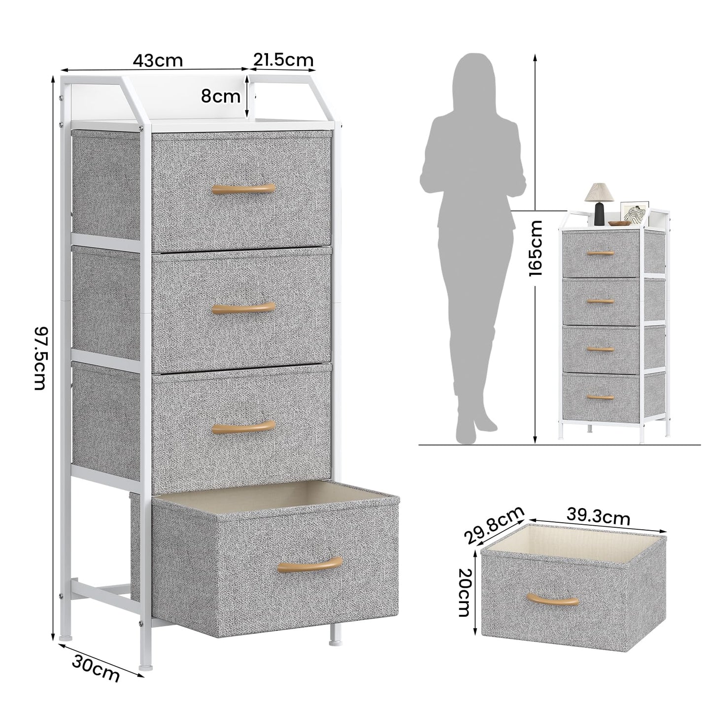 Feonase 4-Drawer Chest of Drawers with Metal Frame & Top Back Panel – Modern Fabric Storage Cabinet for Bedroom, Living Room, Small Spaces
