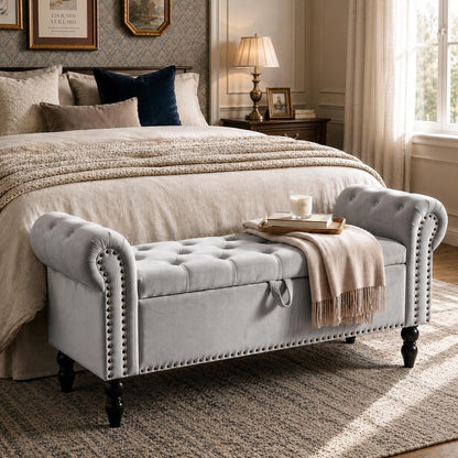 Clevich 133cm Velvet Storage Ottoman Bench, 168KG Load Capacity, Light Grey