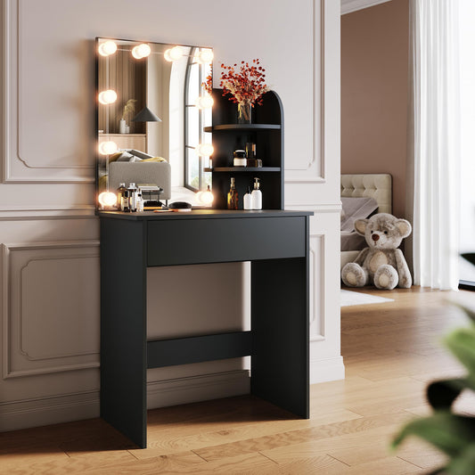 ELEGANT Black Dressing Table with Hollywood LED Lights Mirror, Vanity Table with 1 Large Drawer & 2 Shelves, Large Storage Makeup Table for Women