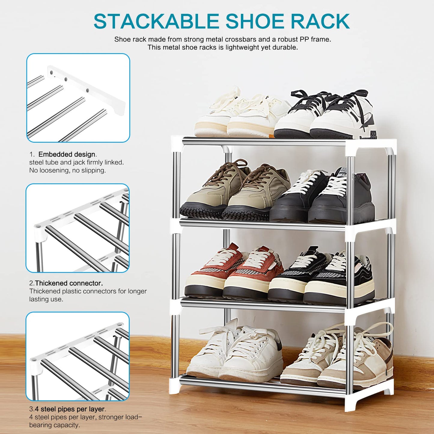 OLYREO White Small Shoe Rack 4 Tier Shoe Racks Storage for Hallway, Closet