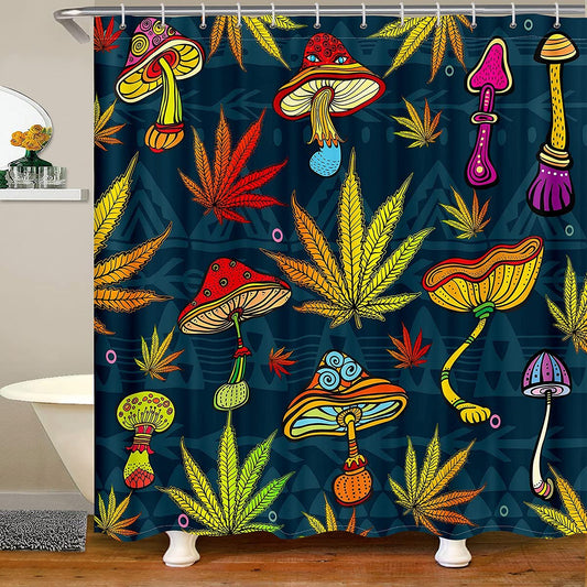Mushrooms Marijuana Bath Curtain Teens Marijuana Weed Leaf Shower Curtain Cannabis Leaves Trippy Botanical Waterproof Bathroom Curtain for Women Men