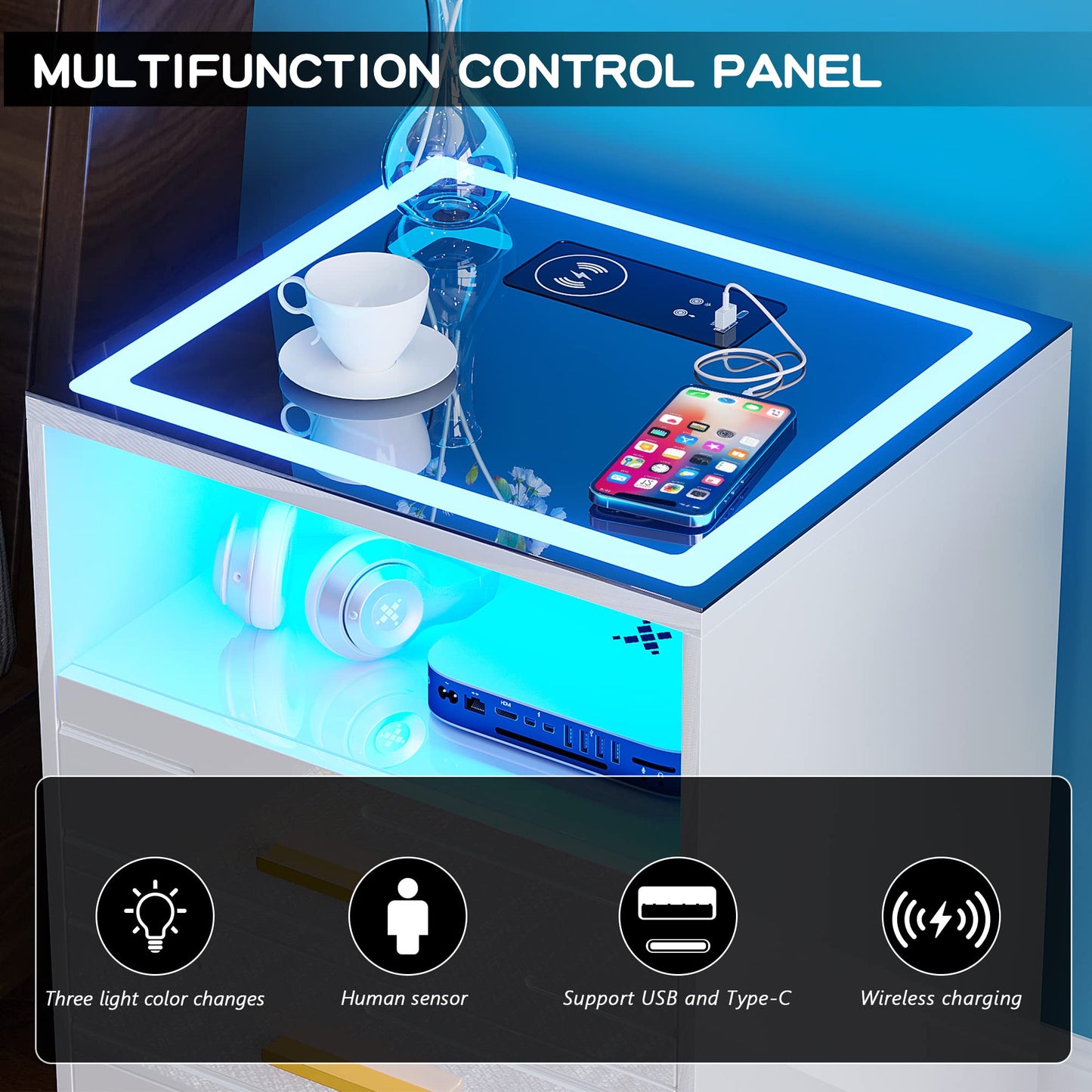 Bedside Table with Wireless Charging Station & 3 Drawers for Living Room