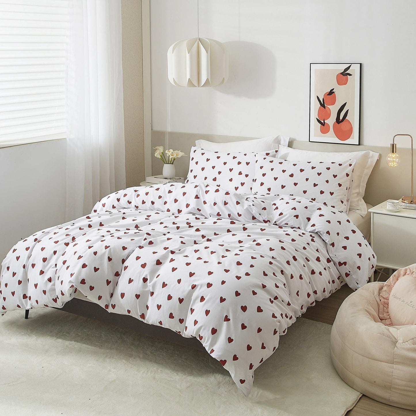 Ruccit Red Heart Print King Size Duvet Cover Sets 100% Cotton Love Heart Duvet Cover White Pattern 3pcs Modern Bedding Set with Zipper Closure Corner