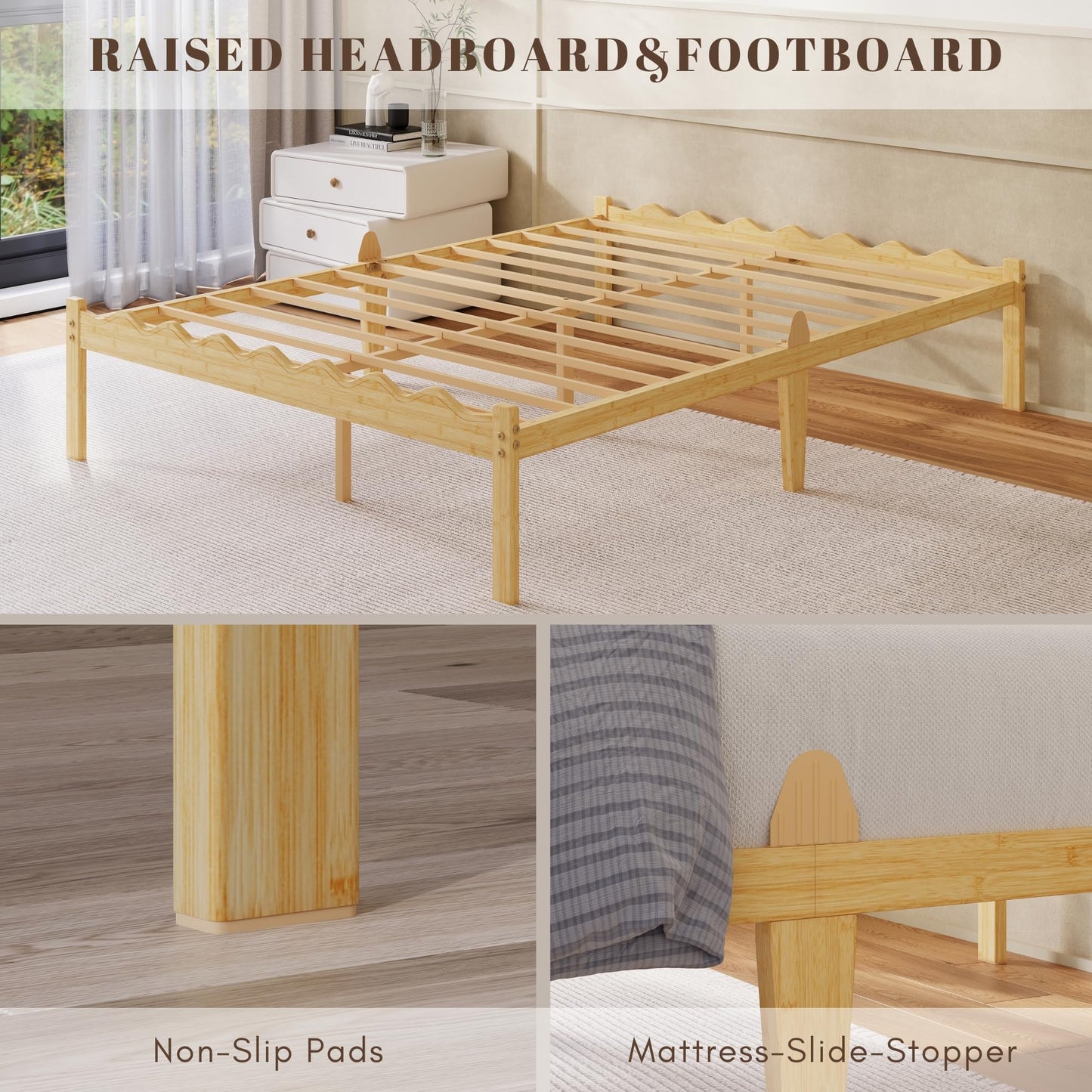 Hunlostten Wooden Double Bed Frame - Modern Style Bamboo Wood Bed Frame with Headboard and Footboard Underbed Storage Slats Support Easy to Install