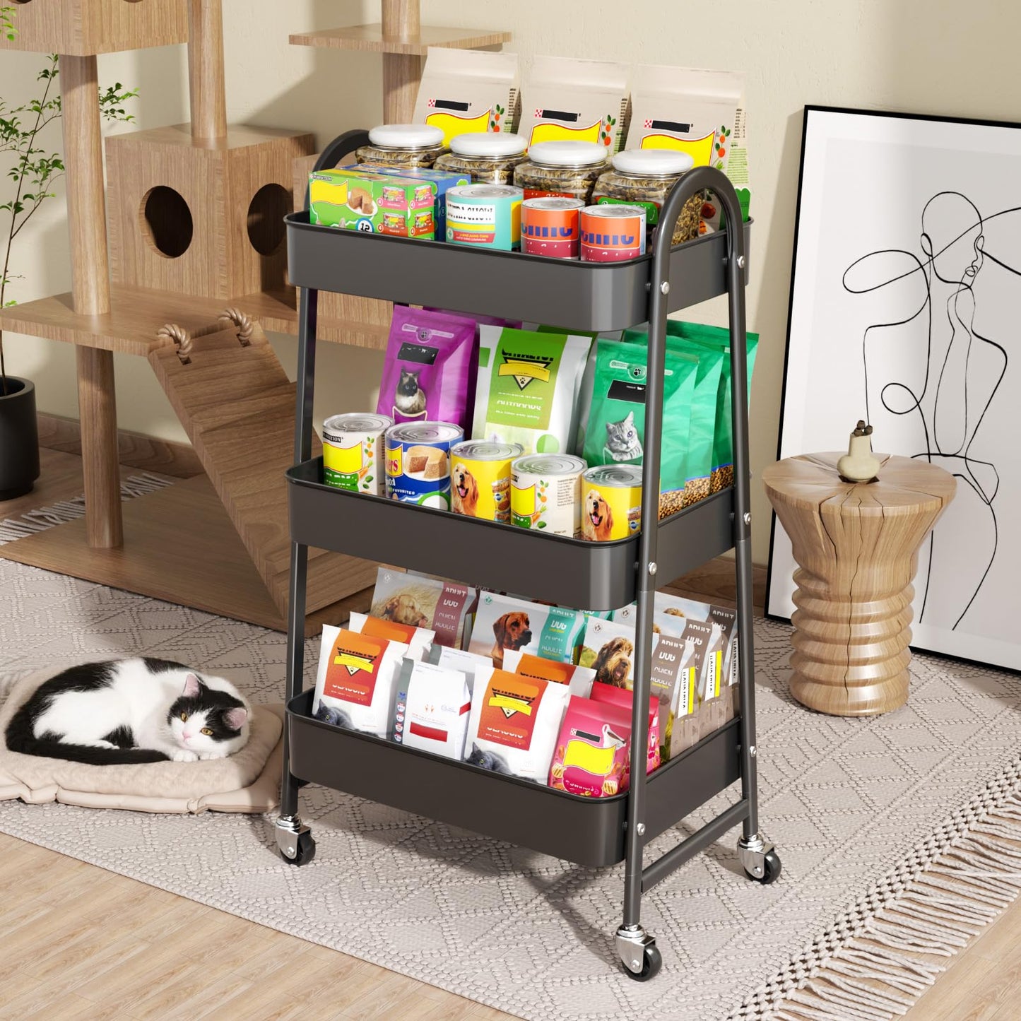StowBin 3 Tier Metal Storage Trolley with Wheels – Rolling Utility Cart with Handle and Mesh Shelves for Kitchen, Bathroom, Office – Black