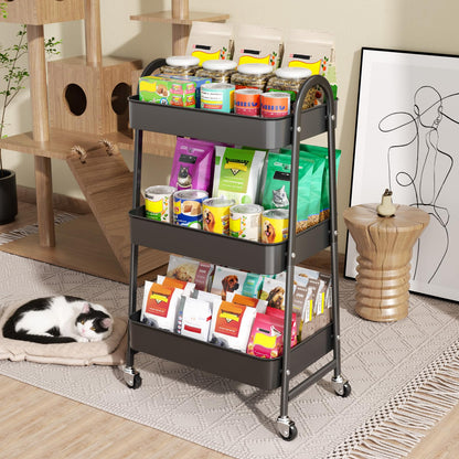 StowBin 3 Tier Metal Storage Trolley with Wheels – Rolling Utility Cart with Handle and Mesh Shelves for Kitchen, Bathroom, Office – Black