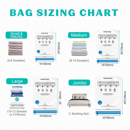 ZOESTORAGE Vacuum Storage Bags,12 Pack Vacuum Bags with Travel Hand Pump,Vacuum Pack Bags for Clothes,Blankets,Comforters,Pillows,Clothes Storage