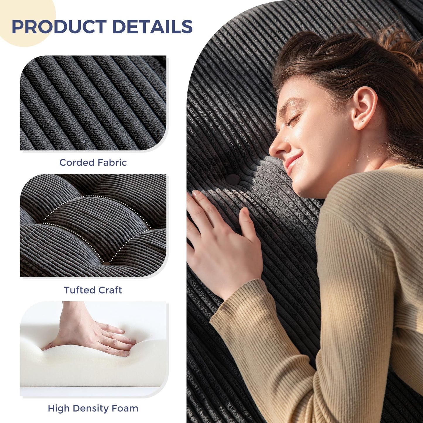 MAXYOYO Folding Mattress, Comfy Corduroy Foldable Mattress with 15cm Thicken Foam, Tri-Fold Floor Futon Sofa Bed for Guest,Dark gray,Single