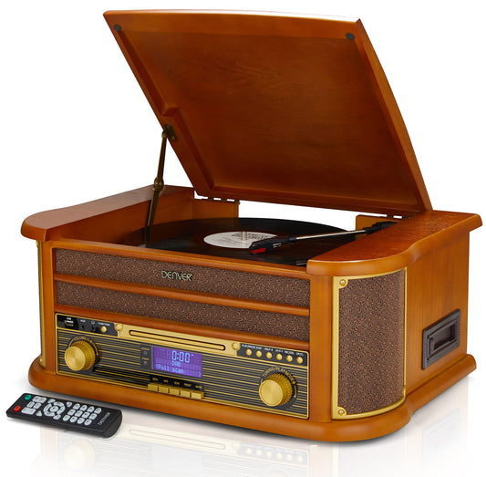 Denver 9-in-1 Retro Vintage DAB Bluetooth Wooden Radio Record Player With Speakers ? DAB+ Radio, FM, Record Player, Cassette & CD Player, AUX IN, MP3
