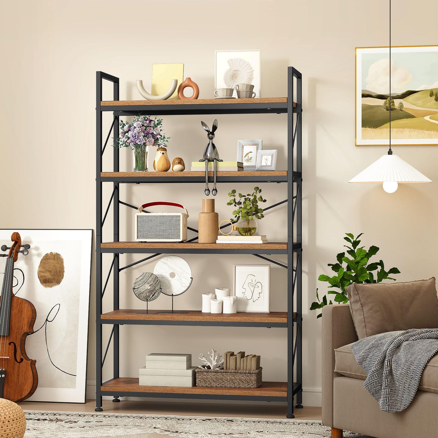 DWVO Bookcase 5 Tiers, Industrial Book Shelf 80cm Wide 158cm High Large Book Case Wooden Shelf and Metal Shelving Unit Display Storage Rack for