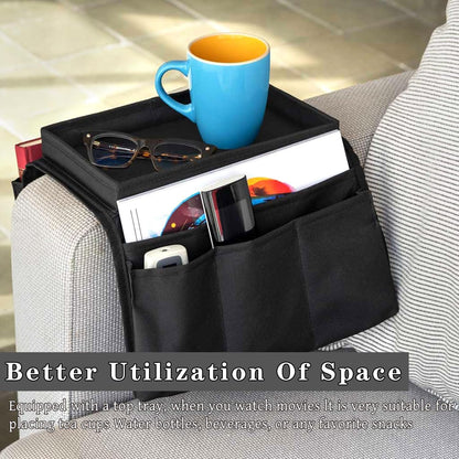 Sofa Armrest Organizer Candy Organizer with Tray & 5 Pockets, Foldable Couch Arm Rest Storage Bag Sofa Armchair Hanging Storage with Cup Holder for